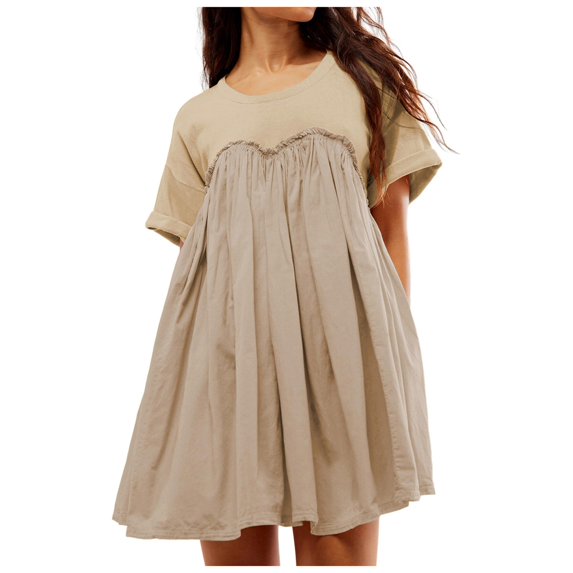 Women's Summer Dresses Sleeveless Ruffle Sleeve Round Neck Solid Loose Short Flowy Pleated Mini Dress