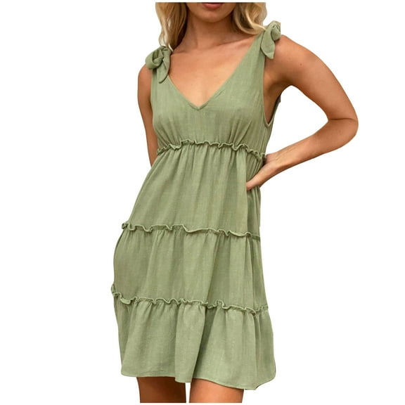 Women's Summer Dresses Sleeveless V Neck Solid Loose Short Flowy Pleated Mini Dress