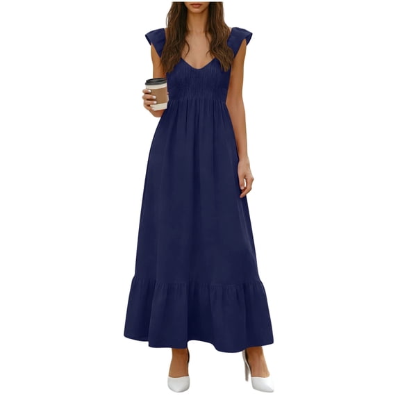 Women's Summer Dresses Solid-Color V-Neck with Ruffled Flare Sleeves Weekend Wear and Everyday Use.