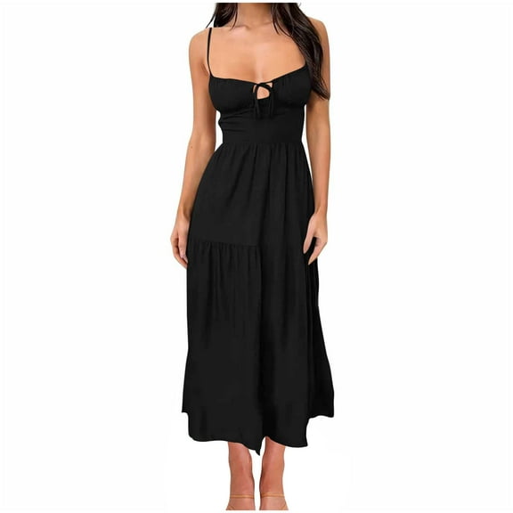 Women's Summer Dresses Spaghetti Strap Sleeveless Beach Floral Sundress A Line Flowy Casual Dress With Pockets Black