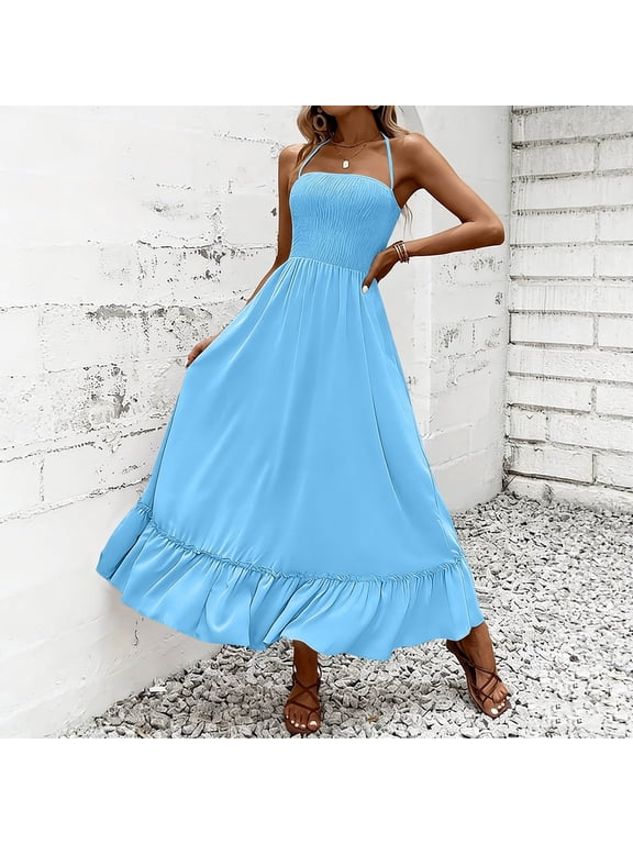 Women's Summer Dresses Spaghetti Strap Sleeveless Halter Neck Backless Dresses Women Casual Solid Loose Pleated Lightweight Comfy Flowy Maxi Dress