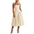 thumbnail image 1 of Women's Summer Dresses Square Neck Gingham Ruched Waist A-Line Midi Dress with Wide Strap Tunic Retro Casual Party Wedding Guest Dress Yellow S, 1 of 6