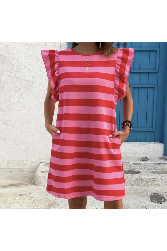 Women's Summer Dresses Striped Under $10 Round Neck Sleeveless Stringy Selvedge Stripe Print Pocket Dress