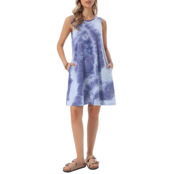 INSPIRE CHIC Women's Summer Dresses Tank Dress Beach Casual Sleeveless Loose Tshirt Sundress with Pockets XL Tie Dye Dark Blue