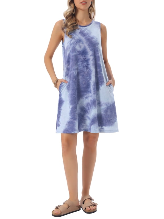 Women's Summer Dresses Tank Dress Beach Casual Sleeveless Loose Tshirt Sundress with Pockets XL Tie Dye Dark Blue