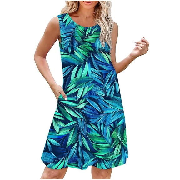Women's Summer Dresses Top Print Loose Sleeveless Round Neck Front Pleated Dress A-Dark Blue