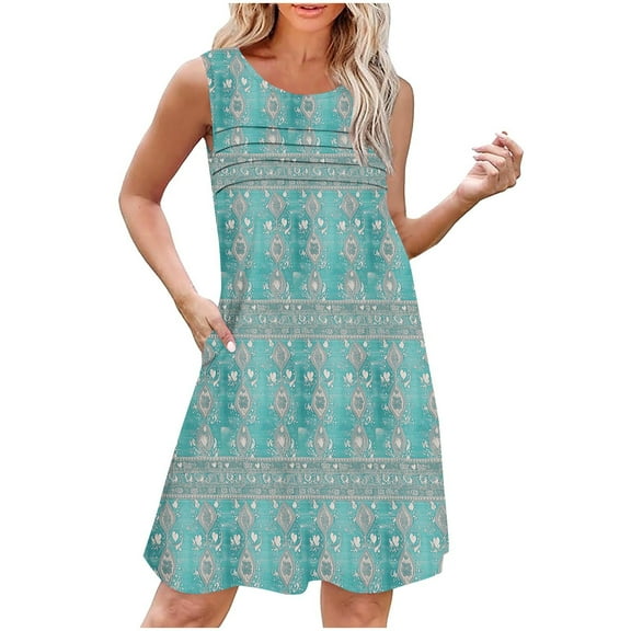 Women's Summer Dresses Top Print Loose Sleeveless Round Neck Front Pleated Dress B-Green
