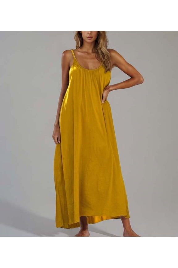 Women's Summer Dresses U Neck Pleated Spaghetti Strap Maxi Dress Flowy for Vacation Resort Womens Casual Beach Dress