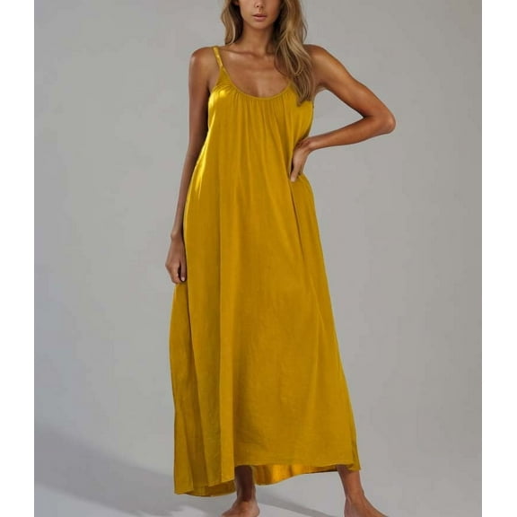 Women's Summer Dresses U Neck Pleated Spaghetti Strap Maxi Dress Flowy for Vacation Resort Womens Casual Beach Dress