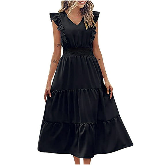 Women's Summer Dresses V Neck Ruffle Sleeve Tiered Long Dress Elastic Waist Solid Color A Line Swing Beach Sun Dress