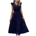 thumbnail image 1 of Women's Summer Dresses V Neck Ruffle Sleeve Tiered Long Dress Elastic Waist Solid Color A Line Swing Beach Sun Dress, 1 of 7