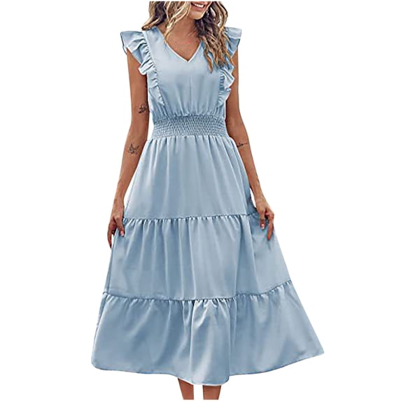 Women's Summer Dresses V Neck Ruffle Sleeve Tiered Long Dress Elastic Waist Solid Color A Line Swing Beach Sun Dress