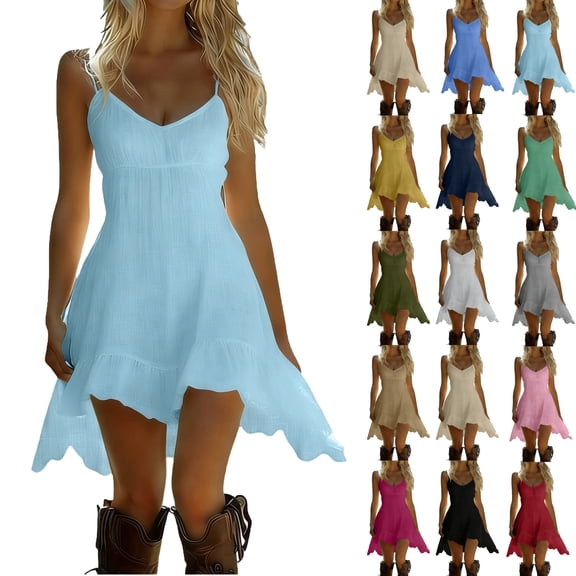 Summer Dresses for Women Sleeveless V-Neck Sundress Solid Color Linen Dress Night Out Beach Vacation Ruffled Suspender Skirt