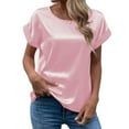 thumbnail image 1 of Women's Summer Dressy Casual Short Sleeve Shirts Crewneck Silk Satin Business Office Work Blouse Tops Fashion Tshirts S-2XL, 1 of 6