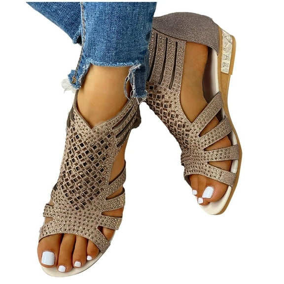 Women's Summer Dressy Open Toe Hollow Sandals Rhinestone Sandal Roman Flat Shoes with Back Zipper