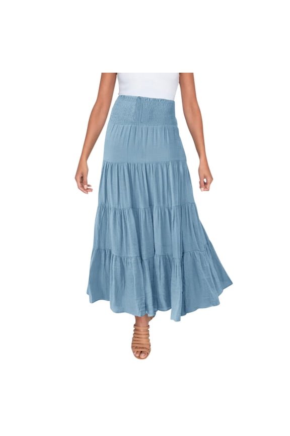 Women's Summer Elastic High Waist Boho Maxi Skirt Casual Drawstring A Line Long Skirts Light Blue L