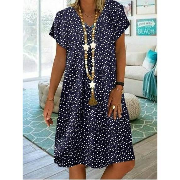 Women's Summer Elegant Commuting Casual Polka Dot Heart-Shaped Printed Short-Sleeved V-Neck Dress