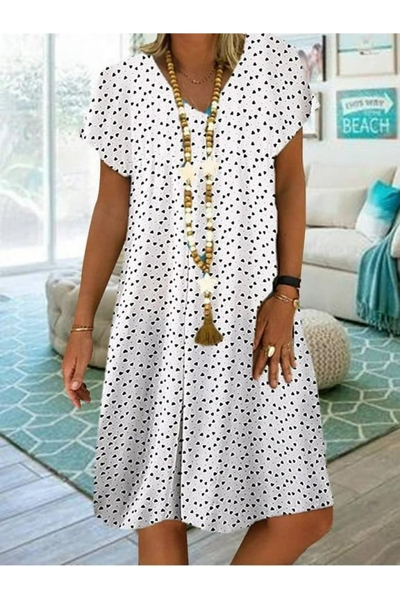 Women's Summer Elegant Commuting Casual Polka Dot Heart-Shaped Printed Short-Sleeved V-Neck Dress