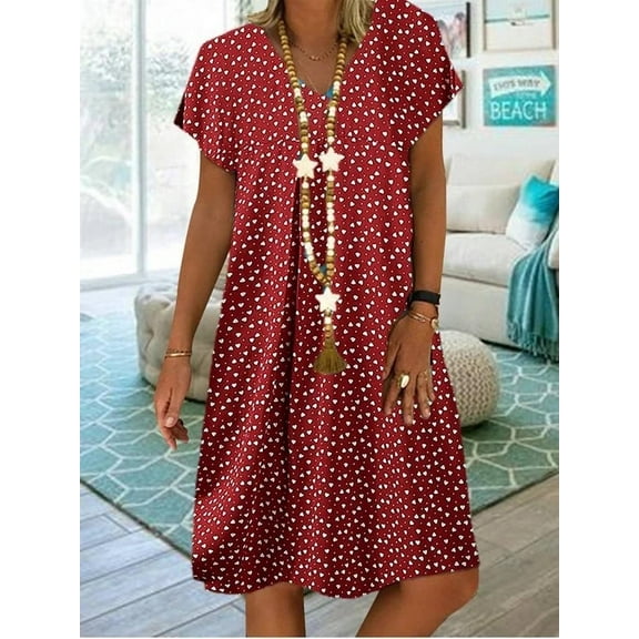 Women's Summer Elegant Commuting Casual Polka Dot Heart-Shaped Printed Short-Sleeved V-Neck Dress