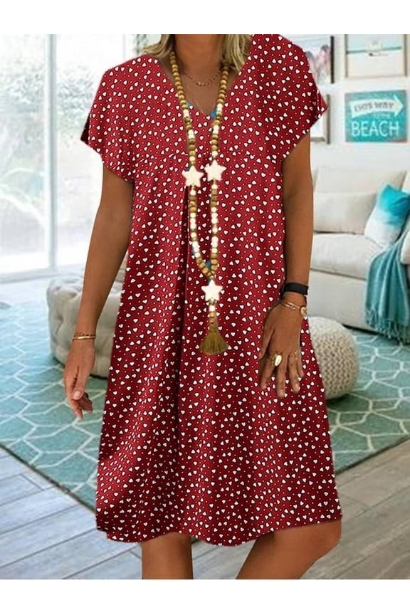 Women's Summer Elegant Commuting Casual Polka Dot Heart-Shaped Printed Short-Sleeved V-Neck Dress