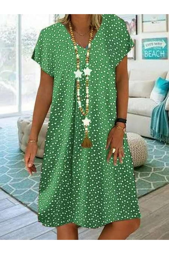 Women's Summer Elegant Commuting Casual Polka Dot Heart-Shaped Printed Short-Sleeved V-Neck Dress