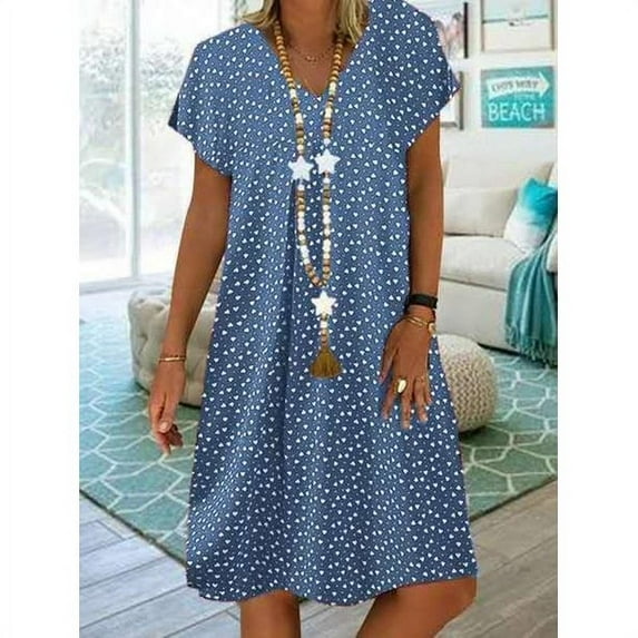 Women's Summer Elegant Commuting Casual Polka Dot Heart-Shaped Printed Short-Sleeved V-Neck Dress