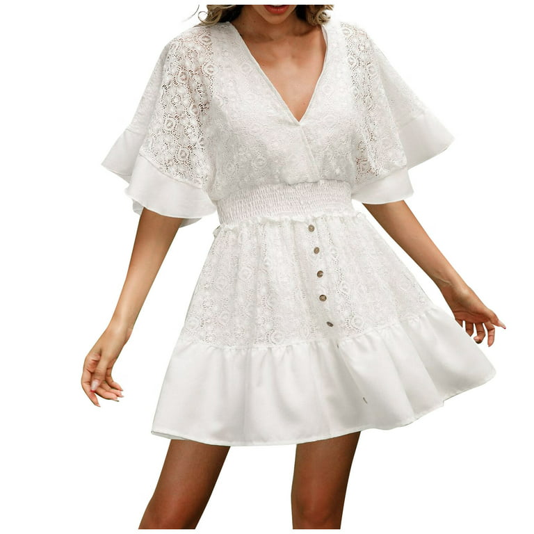 Women's Summer Elegant Lace Dress Waist Tuck Sexy Open Back White Short  Dress Deep V Neck Ruffle Hollow Out Mid-sleeve Button Dresses