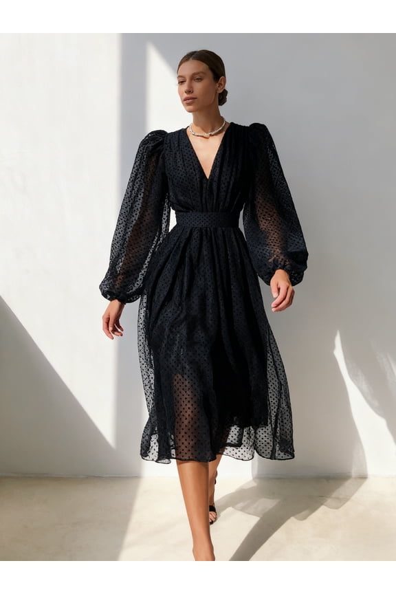 Women's Summer Elegant Puff Sleeve Solid Color Polka Dot Large Swing Dress Fashion Office Lady Casual Sexy V-Neck Evening Dress