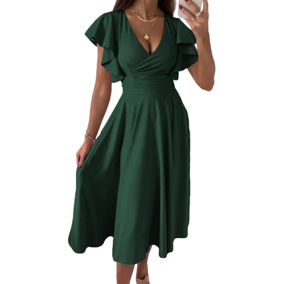 Women’s Summer Elegant V Neck Ruffle Sleeve Midi Dress, Classy Fit and Flared Cocktail Wedding Guest Dress