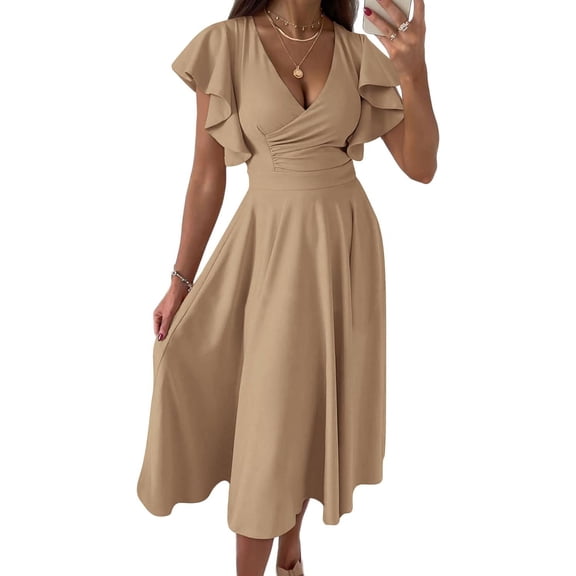 Women’s Summer Elegant V Neck Ruffle Sleeve Midi Dress, Classy Fit and Flared Cocktail Wedding Guest Dress