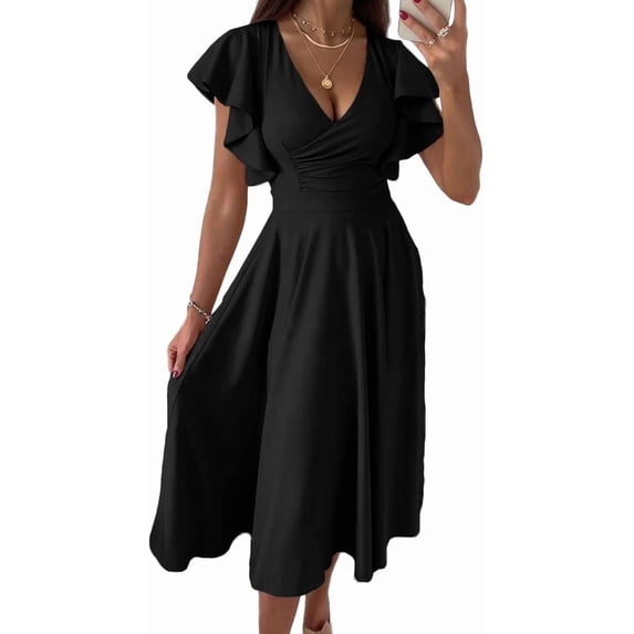 Women’s Summer Elegant V Neck Ruffle Sleeve Midi Dress, Classy Fit and Flared Cocktail Wedding Guest Dress