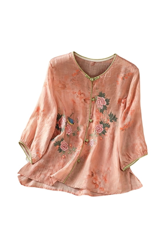 Women's Summer Embroidery V-Neck Blouse Traditional Knot Button Collar Intricate Loose Fit Half Sleeve Linen Knit Top XXL