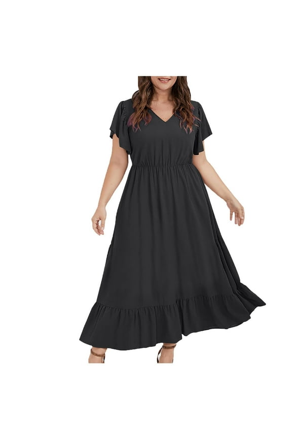 Women's Summer Empire Waist Dress Plus Size Flutter Short Sleeve V Neck Long Beach Maxi Dress with Ruffle Hem Flowy
