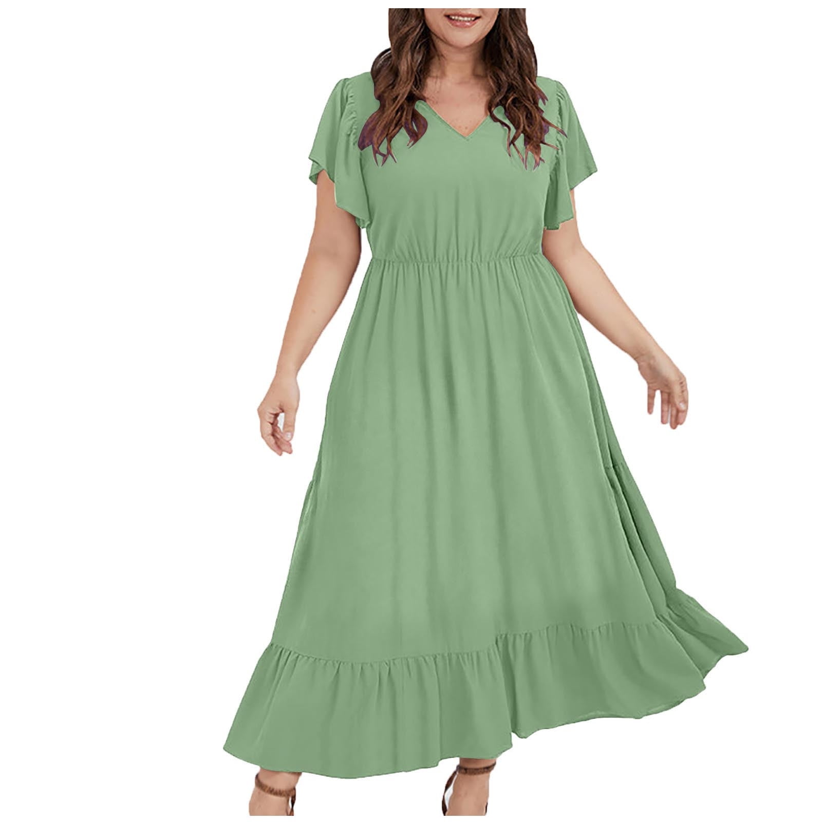 Women's Summer Empire Waist Dress Plus Size Flutter Short Sleeve V Neck ...