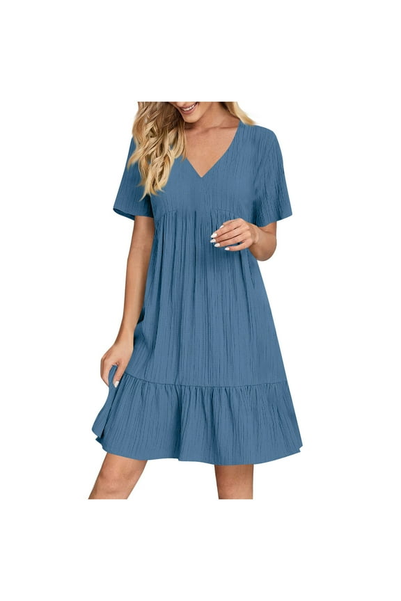 Women's Summer Empire Waist Dress Smocked Flutter Short Sleeve V Neck Midi Dresses