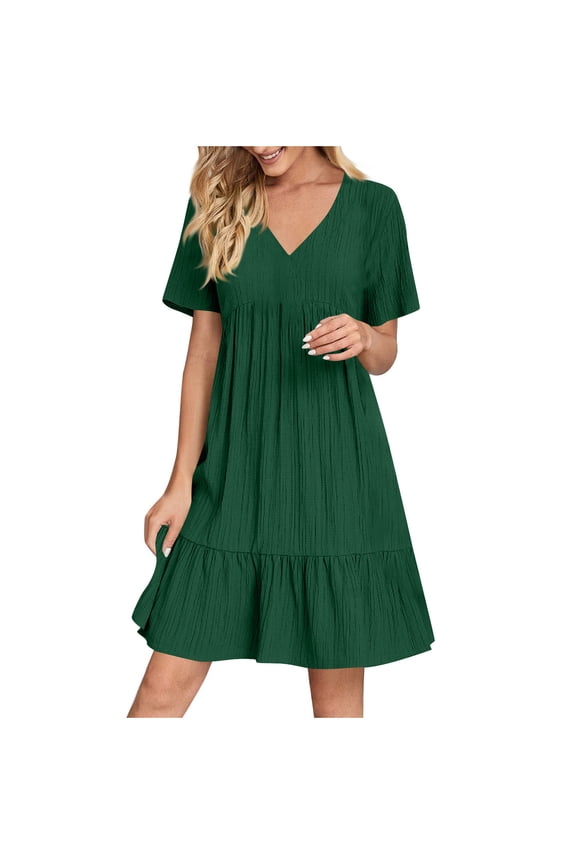 Women's Summer Empire Waist Dress Smocked Flutter Short Sleeve V Neck Midi Dresses
