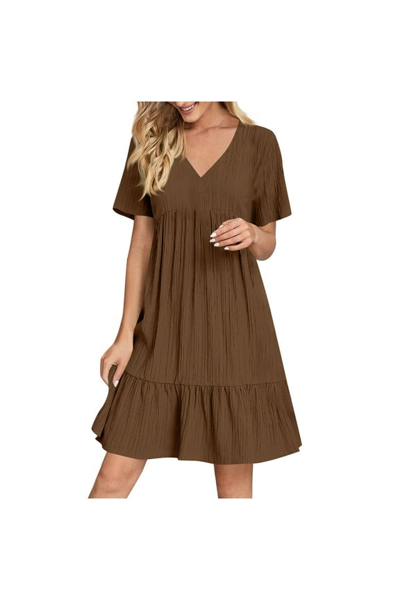 Women's Summer Empire Waist Dress Smocked Flutter Short Sleeve V Neck Midi Dresses
