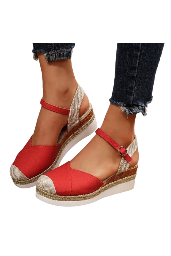 Women's Summer Espadrille Heel Platform Wedge Sandals Slip On Closed Toe Dressy Shoes with Ankle Buckle Strap Red Size 9