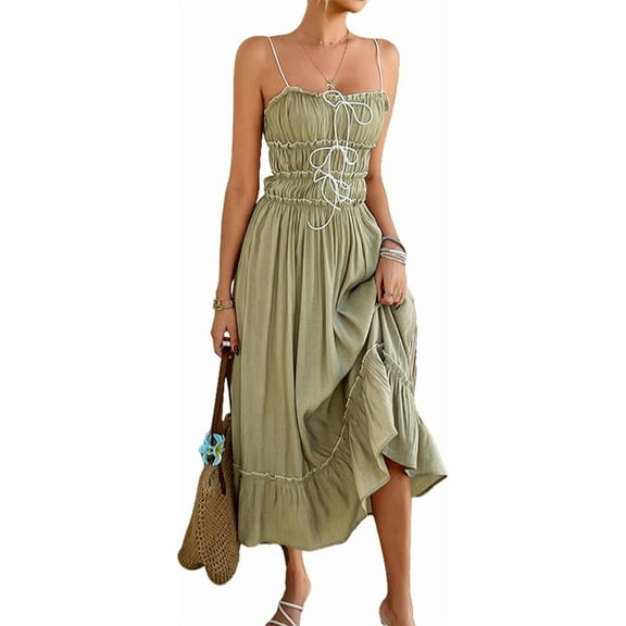 Women's Summer Extra Long Dresses Spaghetti Straps Y2k Cute Ruffles Tiered Wedding Dresses Holiday Cruise Resort Sets