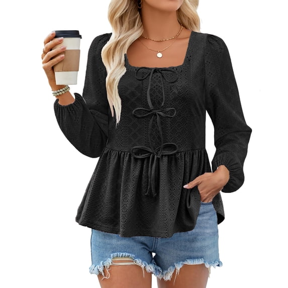 Women's Summer Eyelet Babydoll Tank Tops Sleeveless Crew Neck Bow Tie Front Peplum Flowy Blouse Y2K Cute Shirts