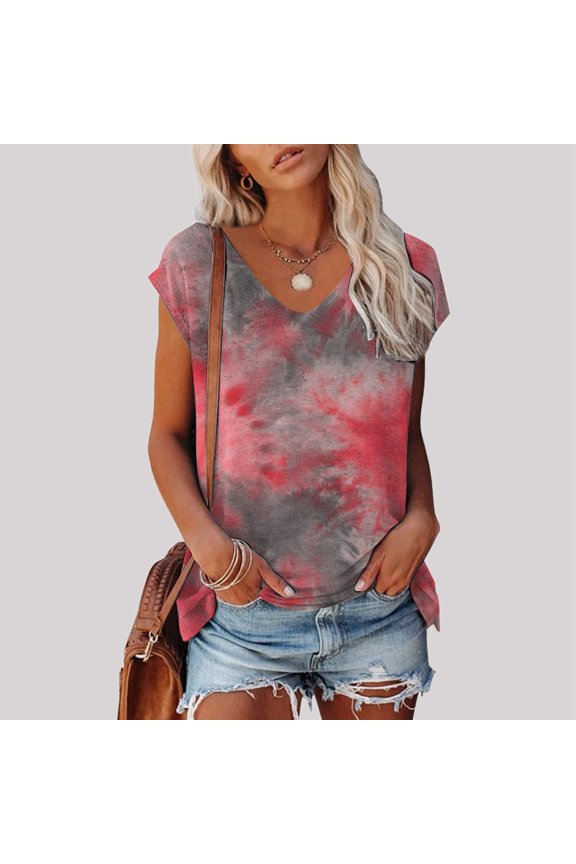 Women's Summer Fashion Casual V Neck Low Neckline Short Sleeved Solid Color Printed Loose T Shirt Top 4 Womens Long Sleeve Tee Women Long Sleeve T Shirt Running Shirt Women Womens Loose Fit Workout
