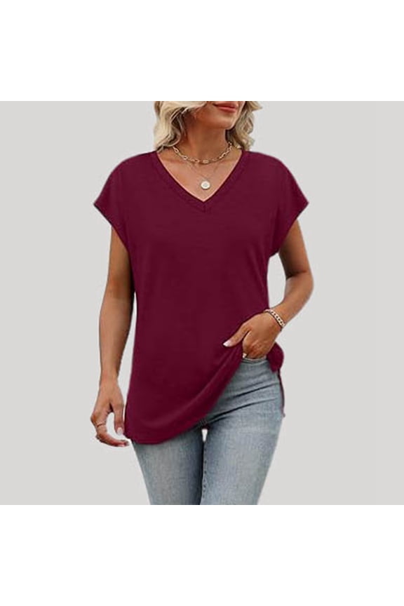Women's Summer Fashion Casual V Neck Low Neckline Short Sleeved Solid Color Printed Loose T Shirt Top, S,