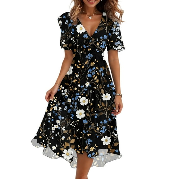 Women's Summer Fashion Casual V Neck Short Sleeve Ruffled Vintage Floral Printed Dresses Knee-Lenghr Chiffon Dress A Line Short Dress