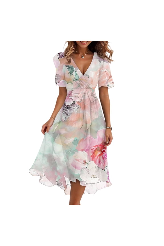 Women's Summer Fashion Casual V Neck Short Sleeve Ruffled Vintage Floral Printed Dresses Knee-Lenghr Chiffon Dress A Line Short Dress