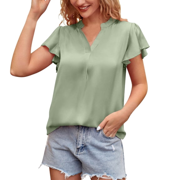 Women's Summer Fashion Chiffon Shirt V Neck Petals Short Sleeve Drawstring Casual Top Blouse Tunic Tee