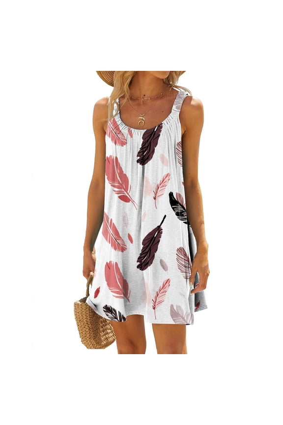 Women's Summer Fashion Feather Printed Pleated Sleeveless Shoulder Strap Beach Vacation Casual Dress Lost Ink Dresses Shirt Dress Summer Dresses Dress for Women below Knees Postpartum Dress Dressed