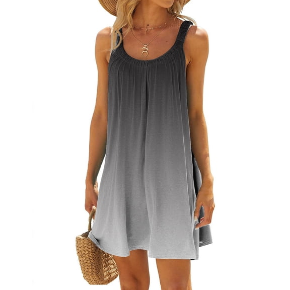 Women's Summer Fashion Gradient Printed Pleated Sleeveless Shoulder Strap Beach Vacation Casual Dress Maxi Dresses for Women plus Size plus Size Summer Dress for Women Surplice Dress Young Woman