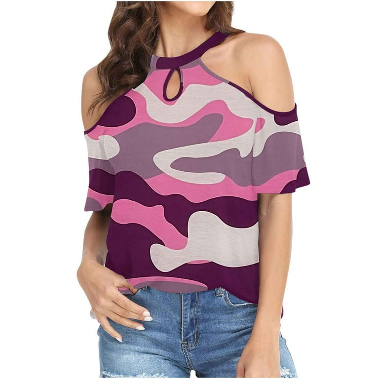 Camouflage Cold Shoulder Cotton T-Shirt Camouflage Cold Shoulder Cotton T-Shirt