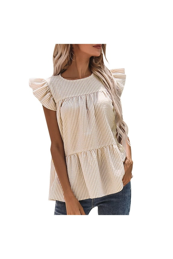 Women's Summer Fashion Loose Casual Ruffle Sleeve Round Neck Short Sleeve Blouse, Stripe Pattern, Lightweight and Breathable, Perfect for Outdoor or Casual Daily Wear, Versatile Summer Top