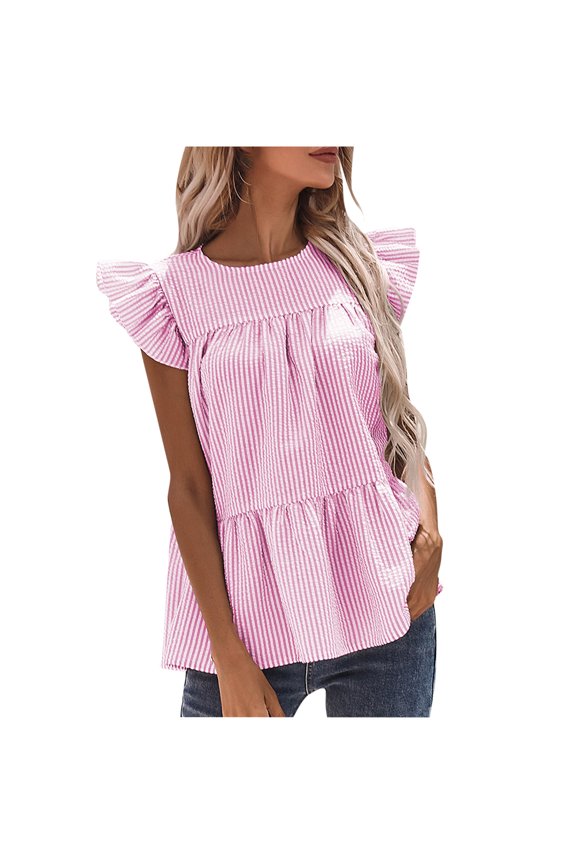 Women's Summer Fashion Loose Casual Ruffle Sleeve Round Neck Short Sleeve Blouse, Stripe Pattern, Lightweight and Breathable, Perfect for Outdoor or Casual Daily Wear, Versatile Summer Top